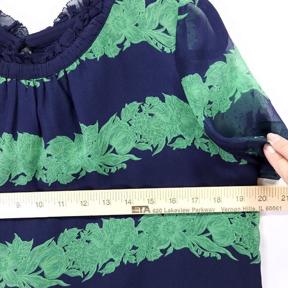 J.Crew Silk Ruffle Blouse Womens Size 12 Top Beanstalk Stripe Navy Green Retro - Picture 7 of 13
